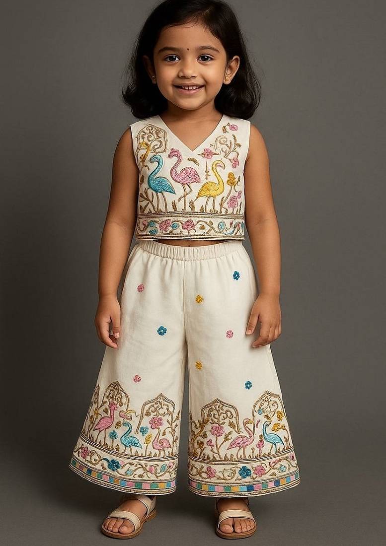 Offwhite soft kora cotton thread embroidered work co-ord set