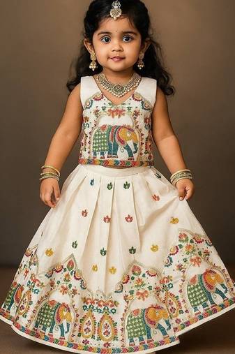 Offwhite soft kora cotton thread embroidered work pattu langa set