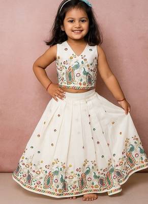 Offwhite soft kora cotton thread embroidered pavadai set 1