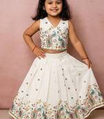 Offwhite soft kora cotton thread embroidered pavadai set