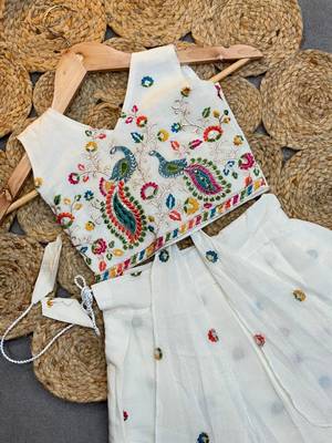 Offwhite soft kora cotton thread embroidered pavadai set 3
