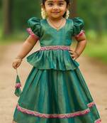 Seagreen soft silk zari weaving and jacquard pattu pavadai set