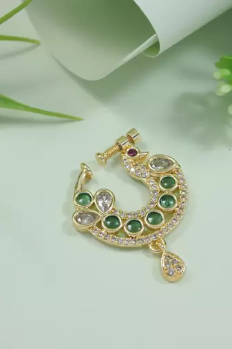 Peacock design cz american diamond non-piercing screw press nose pin/nath clip on for women