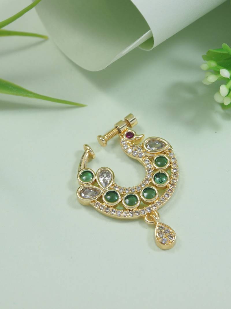 Peacock design cz american diamond non-piercing screw press nose pin/nath clip on for women