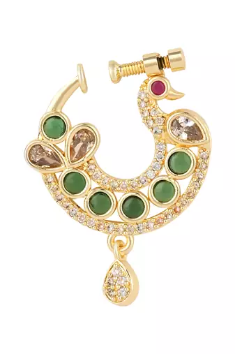 Peacock design cz american diamond non-piercing screw press nose pin/nath clip on for women