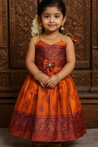 Orange soft silk pure zari weaving pattu langa gown