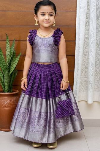 Purple soft organza zari weaving pavadai set