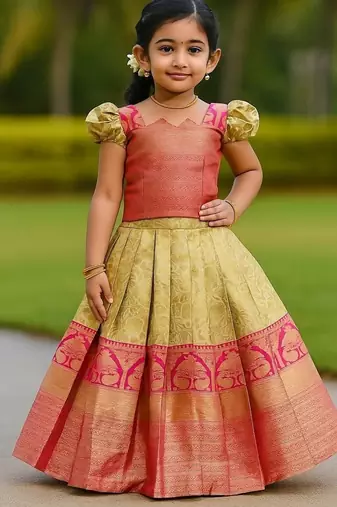 Beige soft silk  zari weaving ready to wear pattu pavadai