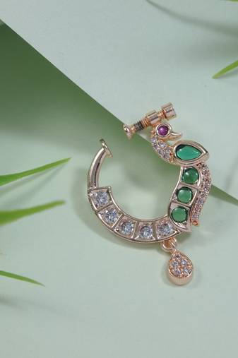 Peacock design cz american diamond non-piercing screw press nose pin/nath clip on for women