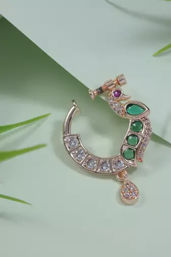 Peacock design cz american diamond non-piercing screw press nose pin/nath clip on for women