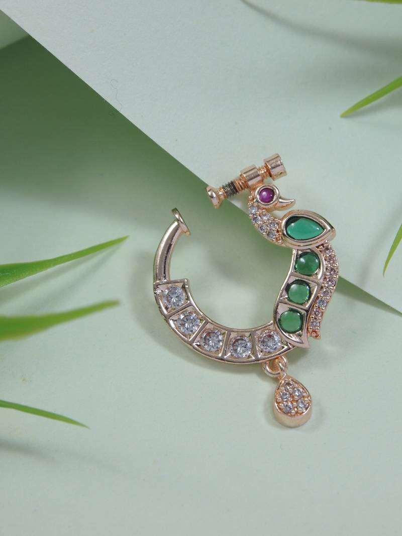 Peacock design cz american diamond non-piercing screw press nose pin/nath clip on for women