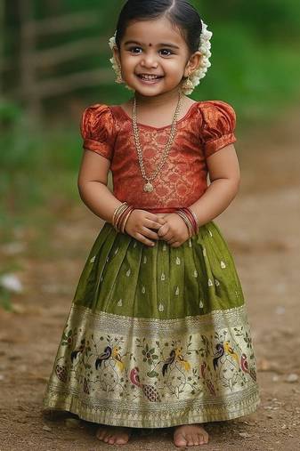 Mehendi soft silk pure zari pattu pavadai set