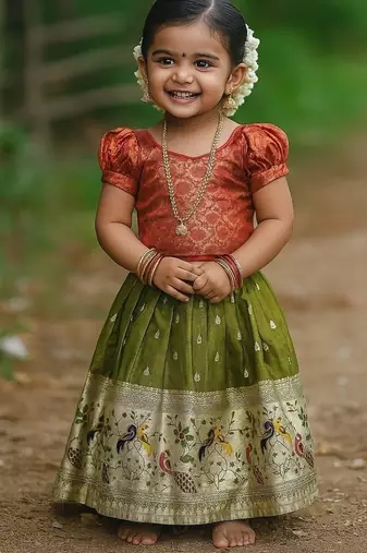 Mehendi soft silk pure zari pattu pavadai set