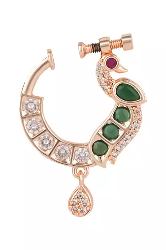 Peacock design cz american diamond non-piercing screw press nose pin/nath clip on for women