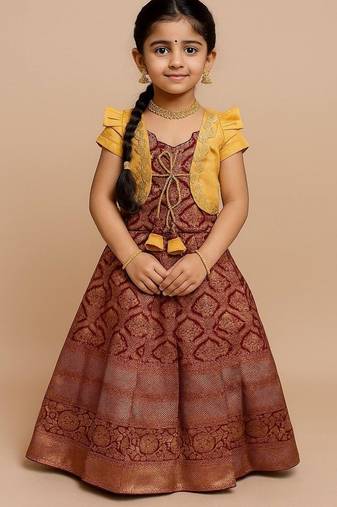 Maroon silk pure zari weaving koti style pavadai gown