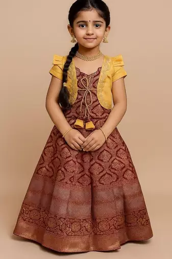 Maroon silk pure zari weaving koti style pavadai gown