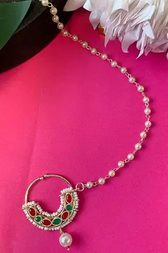 Bridal nose ring/nath without piercing with pearl chain encased with pearl stone for women