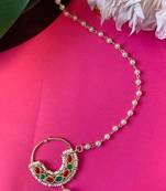 Bridal nose ring/nath without piercing with pearl chain encased with pearl stone for women