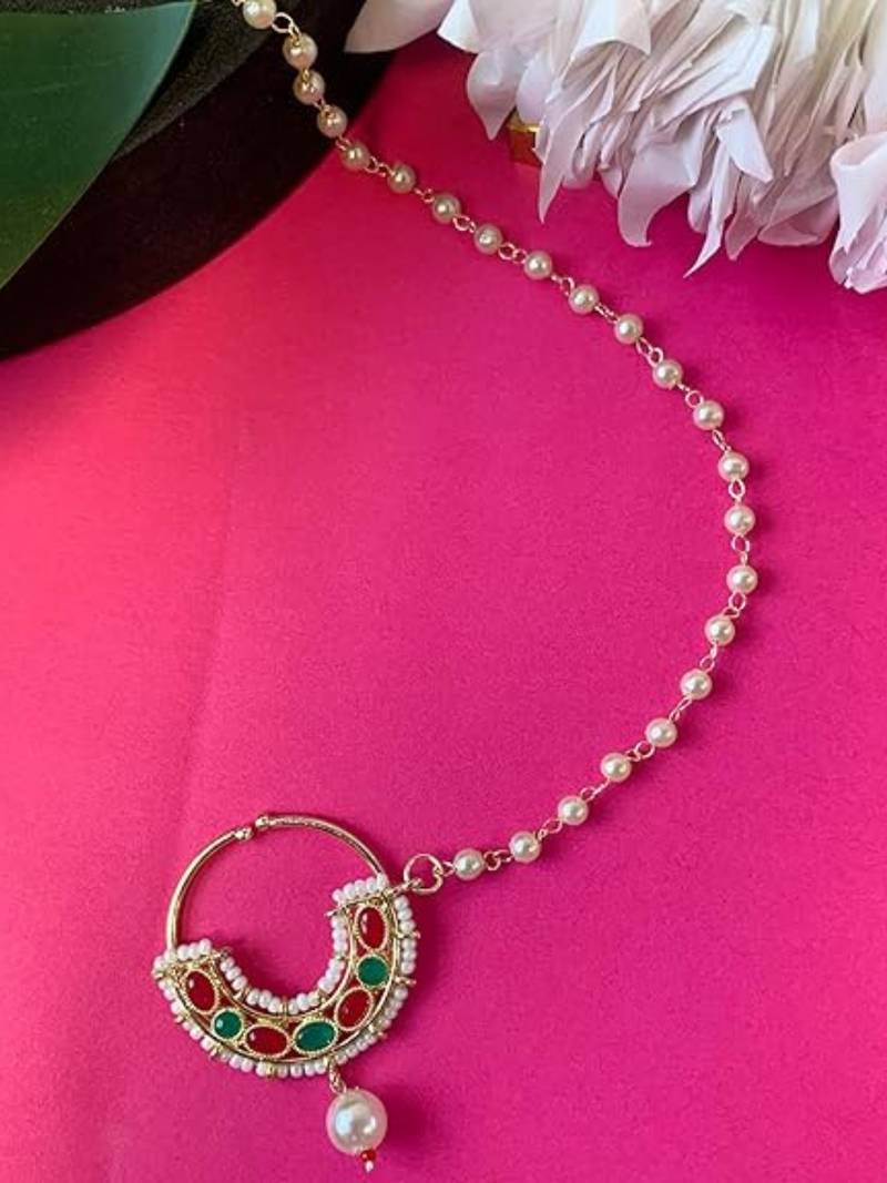 Bridal nose ring/nath without piercing with pearl chain encased with pearl stone for women