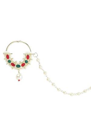 Bridal nose ring/nath without piercing with pearl chain encased with pearl stone for women 2