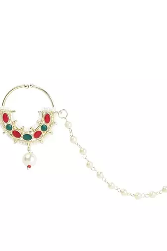Bridal nose ring/nath without piercing with pearl chain encased with pearl stone for women