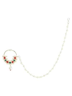 Bridal nose ring/nath without piercing with pearl chain encased with pearl stone for women 3