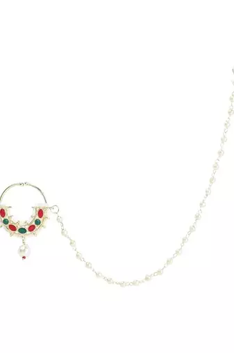 Bridal nose ring/nath without piercing with pearl chain encased with pearl stone for women
