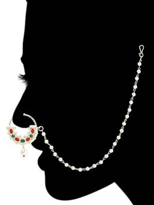 Bridal nose ring/nath without piercing with pearl chain encased with pearl stone for women 4