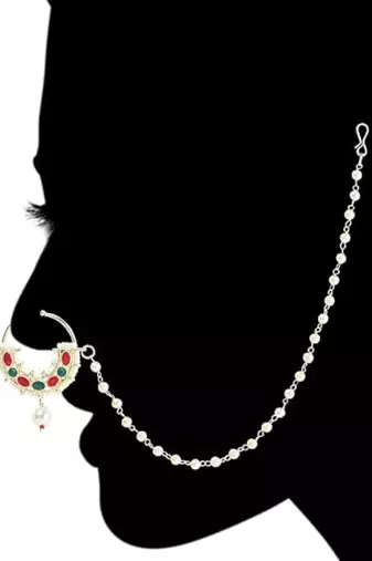 Bridal nose ring/nath without piercing with pearl chain encased with pearl stone for women