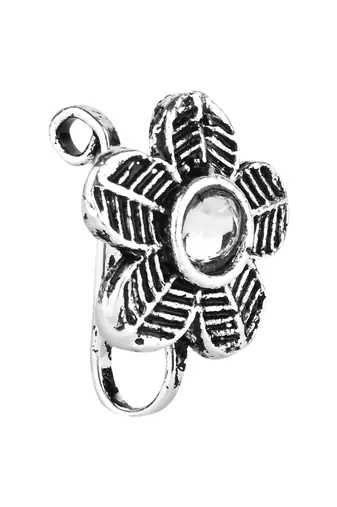 Navratri ethnic silver plated floral shaped clip on non piercing pressing type nose pin, nose ring stud for women