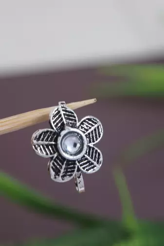 Navratri ethnic silver plated floral shaped clip on non piercing pressing type nose pin, nose ring stud for women