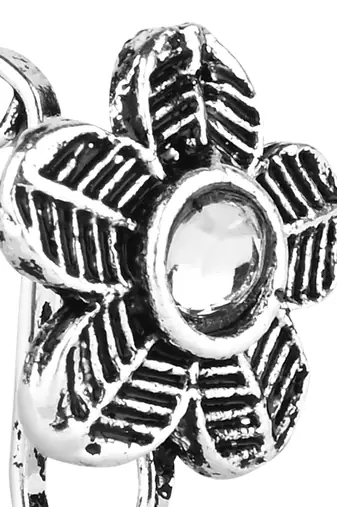Navratri ethnic silver plated floral shaped clip on non piercing pressing type nose pin, nose ring stud for women