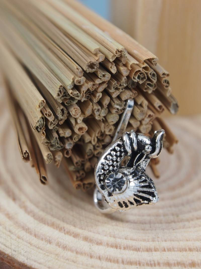 Navratri ethnic silver plated peacock design clip on non piercing pressing type nose pin, nose ring stud for women