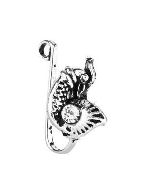 Navratri ethnic silver plated peacock design clip on non piercing pressing type nose pin, nose ring stud for women 2