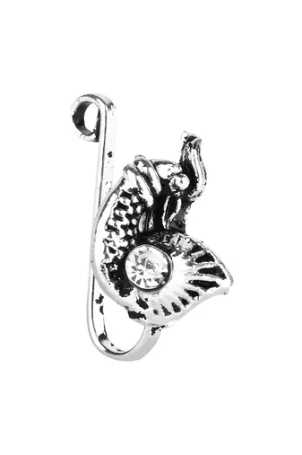 Navratri ethnic silver plated peacock design clip on non piercing pressing type nose pin, nose ring stud for women
