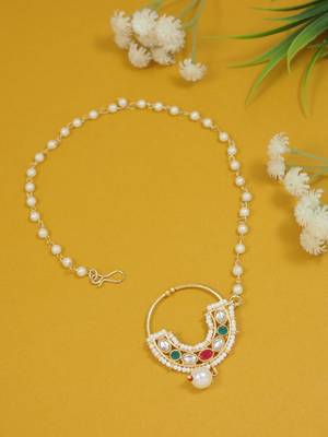 Ethnic bridal nose ring/nath without piercing with pearl chain encased with pearl stone for women 1