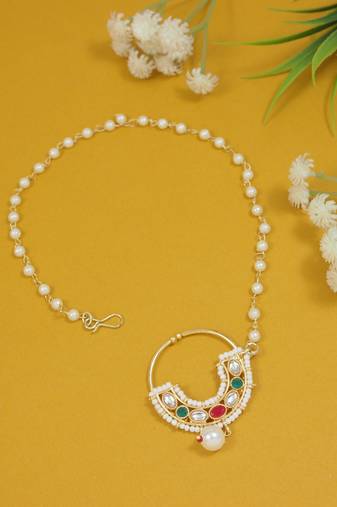 Ethnic bridal nose ring/nath without piercing with pearl chain encased with pearl stone for women