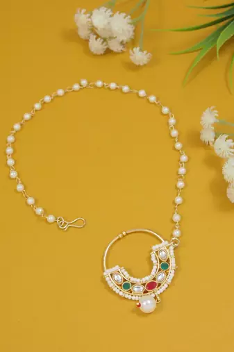 Ethnic bridal nose ring/nath without piercing with pearl chain encased with pearl stone for women