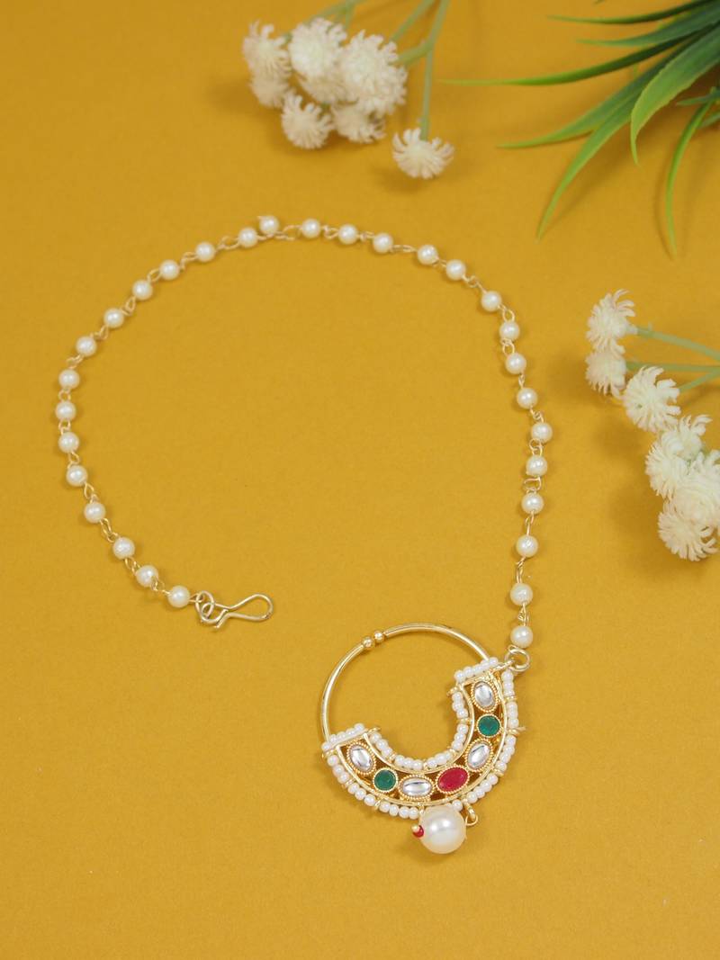 Ethnic bridal nose ring/nath without piercing with pearl chain encased with pearl stone for women