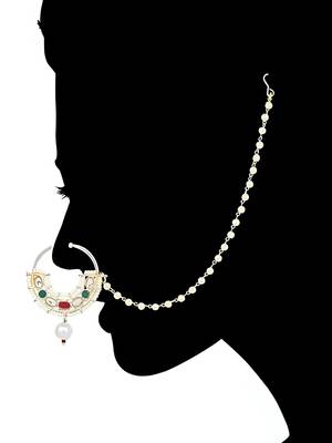 Ethnic bridal nose ring/nath without piercing with pearl chain encased with pearl stone for women 2