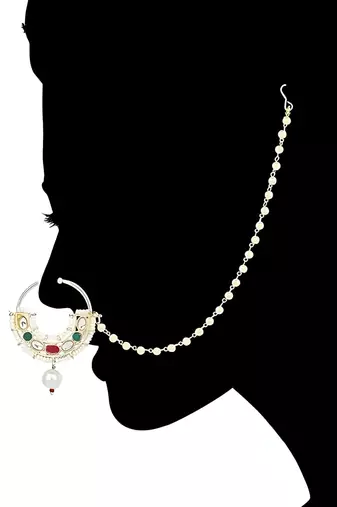 Ethnic bridal nose ring/nath without piercing with pearl chain encased with pearl stone for women