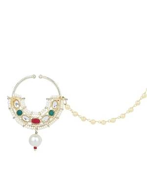 Ethnic bridal nose ring/nath without piercing with pearl chain encased with pearl stone for women 3