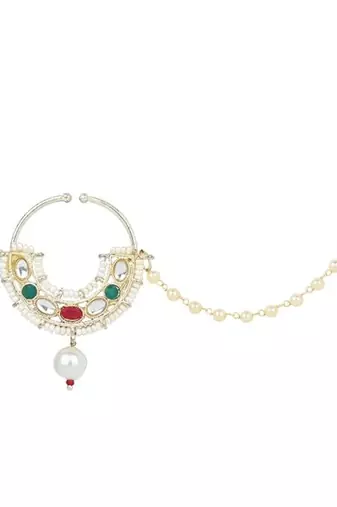 Ethnic bridal nose ring/nath without piercing with pearl chain encased with pearl stone for women