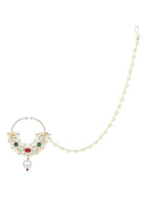 Ethnic bridal nose ring/nath without piercing with pearl chain encased with pearl stone for women 4