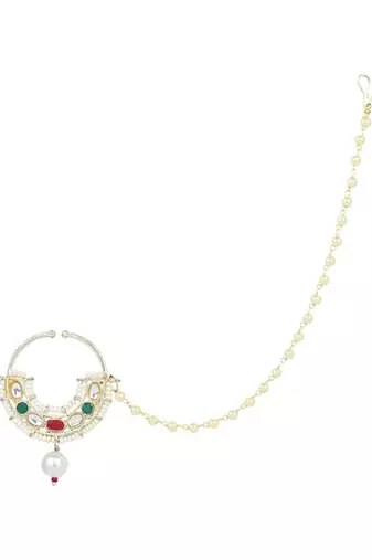 Ethnic bridal nose ring/nath without piercing with pearl chain encased with pearl stone for women