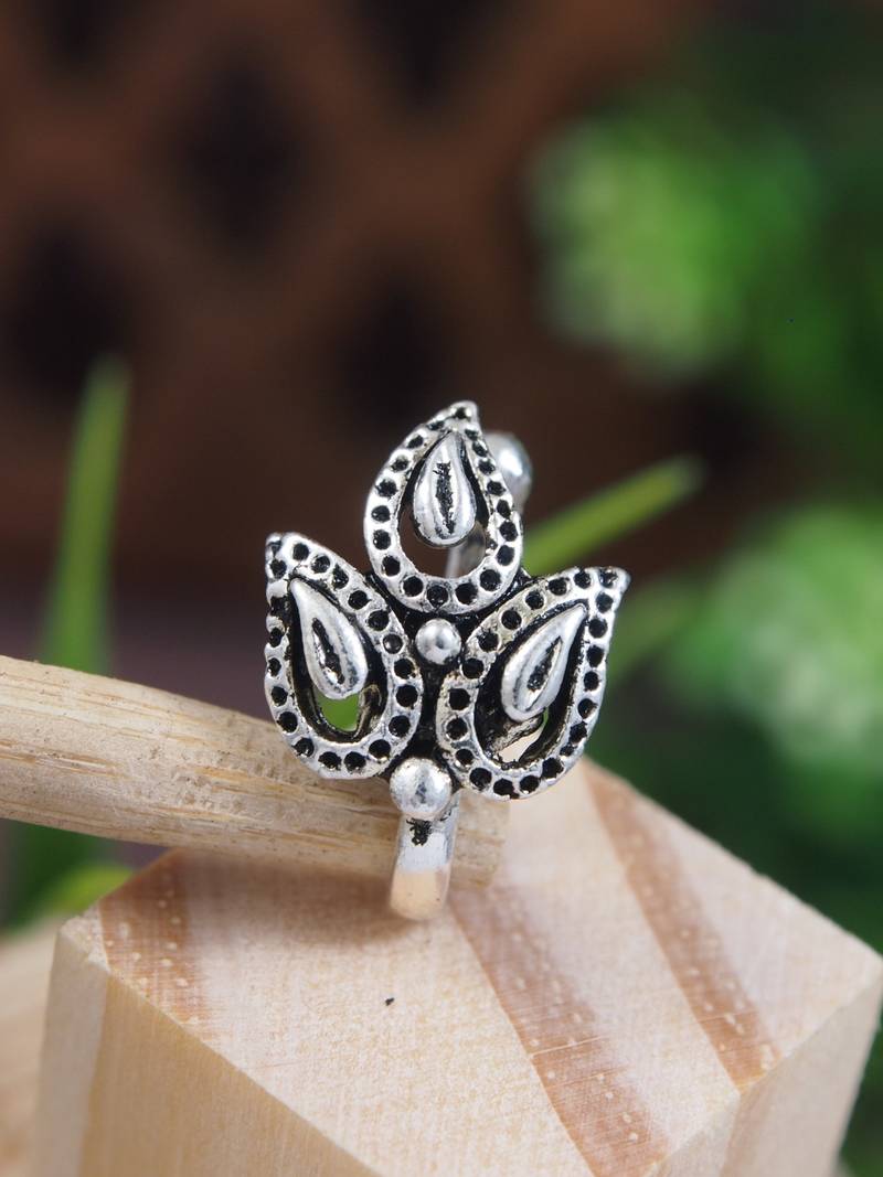 Navratri ethnic silver plated leaf design clip on non piercing pressing type nose pin, nose ring stud for women