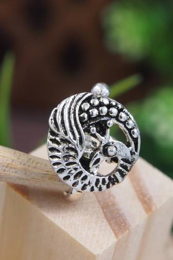 Navratri ethnic silver plated peacock design clip on non piercing pressing type nose pin, nose ring stud for women