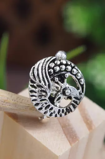 Navratri ethnic silver plated peacock design clip on non piercing pressing type nose pin, nose ring stud for women