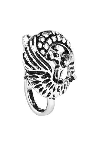 Navratri ethnic silver plated peacock design clip on non piercing pressing type nose pin, nose ring stud for women