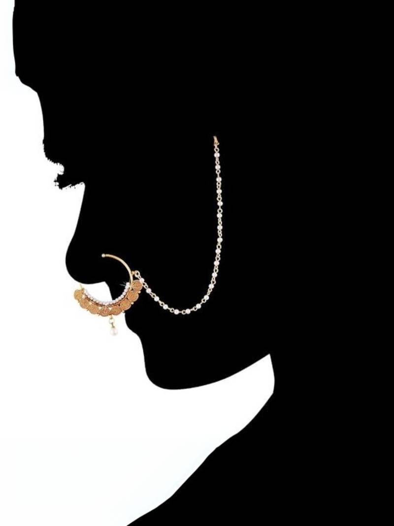 Ethnic bridal clip on nose ring/nath without piercing with chain encased with faux stones for women/girls